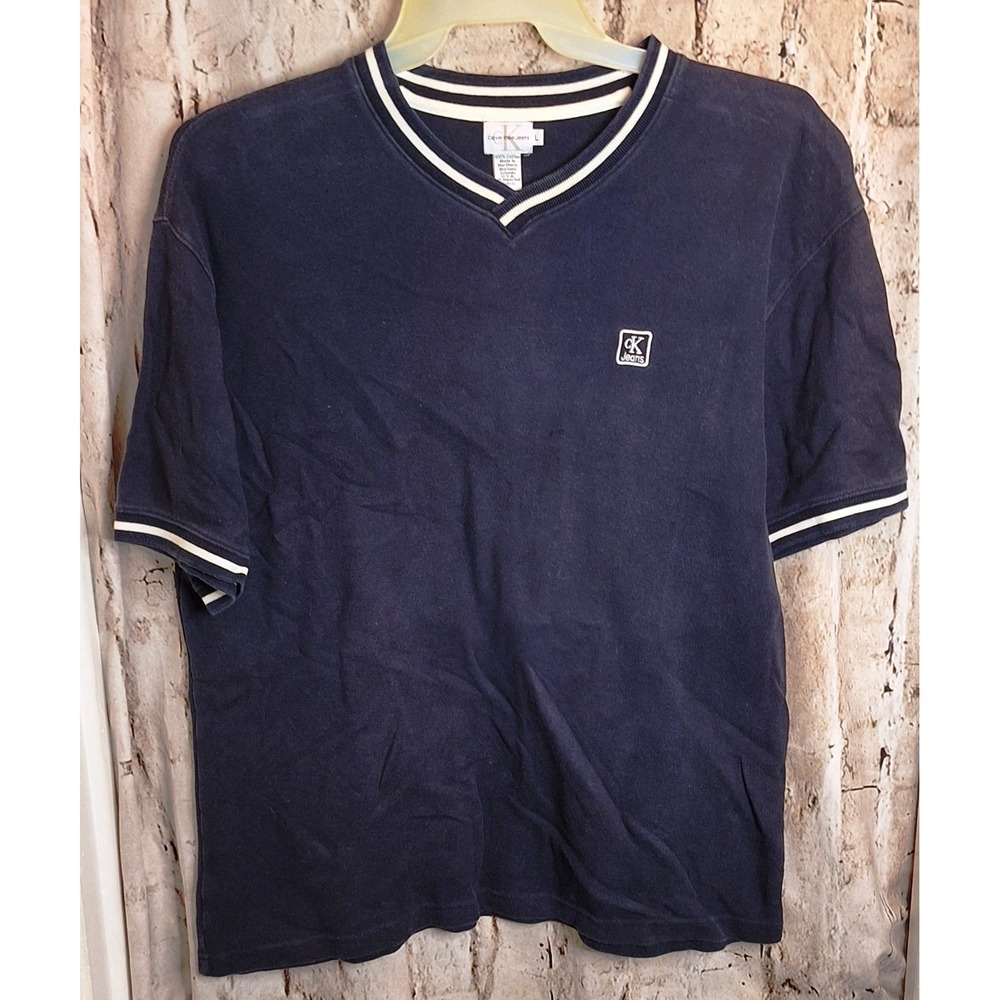 CK Calvin Klein Jeans Men's Large Short Sleeve Blue V-neck 100% Cotton Shirt